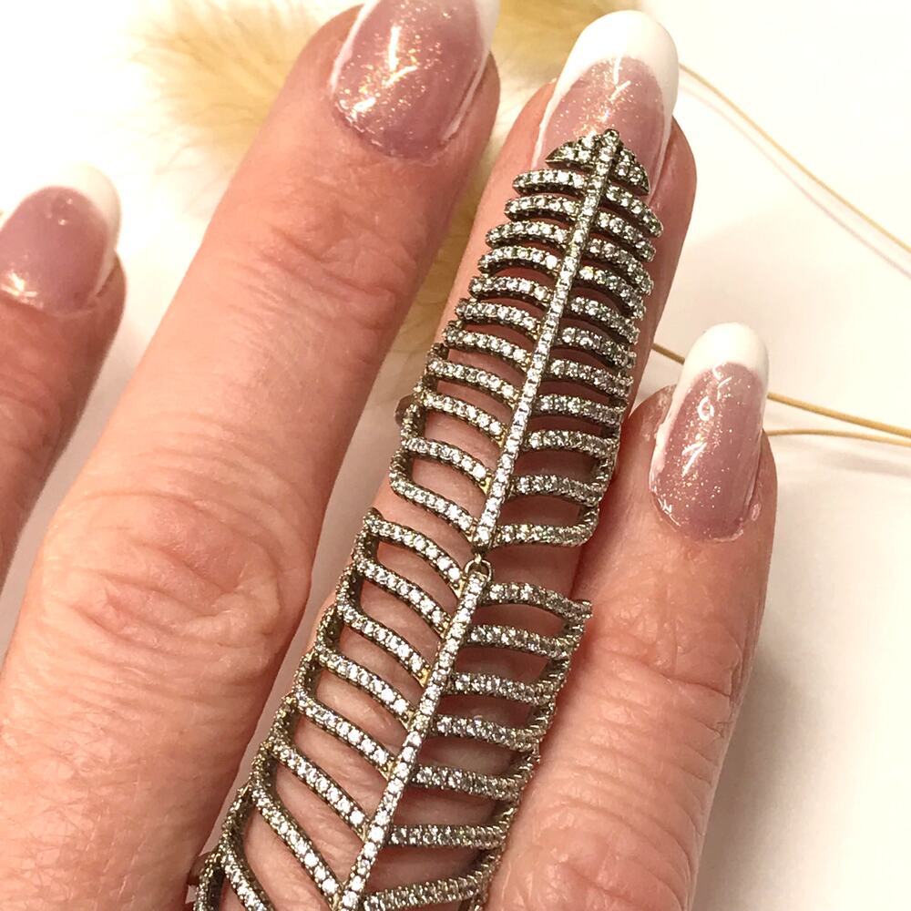 Vintage Pave Crystal Knuckle Full Finger Feather Ring 925 Sterling Silver - Picture 8 of 15